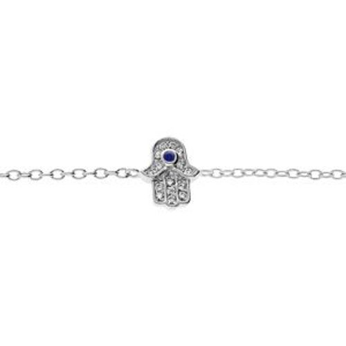 Bracelet Argent Rhodié Main De Fatma Oxydes Blancs Et Bleu Sertis 16+3cm