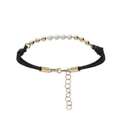 Bracelet Argent Et Dorure Jaune Cordon Noir Boules Résine Blanche 16+3cm