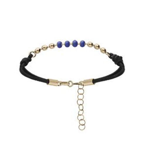 Bracelet Argent Et Dorure Jaune Cordon Noir Boules Résine Bleue 16+3cm