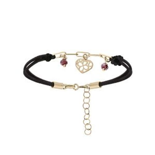 Bracelet Argent Et Dorure Jaune Cordon Noir Pampille Coeur Et 2 Pierres Violettes 16+3cm