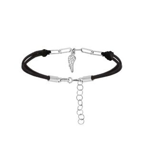 Bracelet Argent Rhodié Cordon Noir Pampille Aile 16+3cm