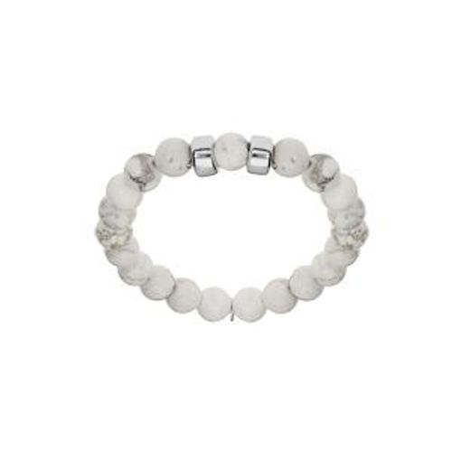 Bracelet Argent Rhodié Extensible Boules Howlite Blanches Et Marron Véritable 2 Charms À Graver