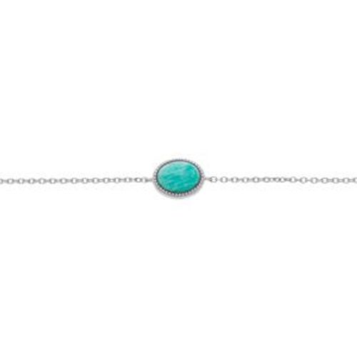 Bracelet Argent Rhhodie Cabochon Contour Perlé Pierre Amazonite Véritable 16+2cm