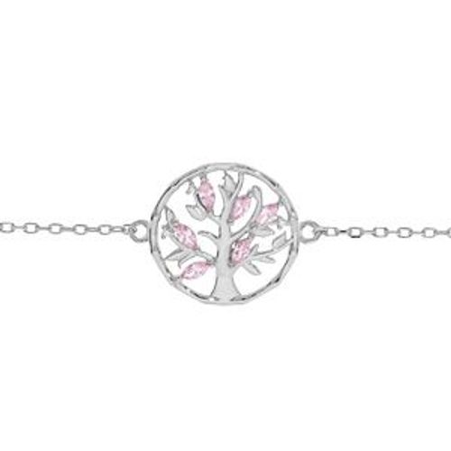 Bracelet Argent Rhodié Arbre De Vie Oxydes Fuschia 16+3cm