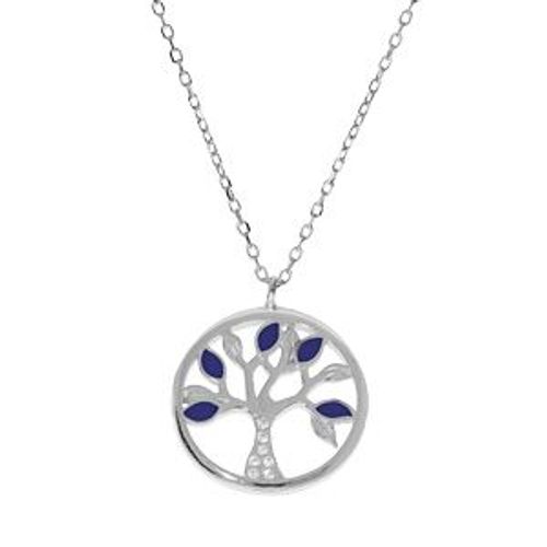 Collier Argent Rhodié Arbre De Vie Résine Bleue Et Oxydes Blancs 40+5cm