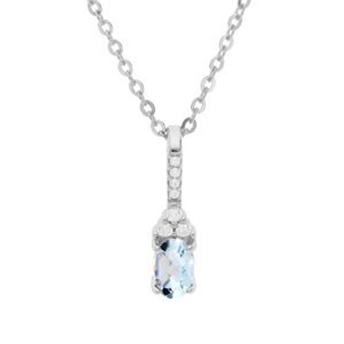 Collier Argent Rhodié Pendentif Topaze Bleu Veritable Et Oxydes Blancs Sertis 40+5cm