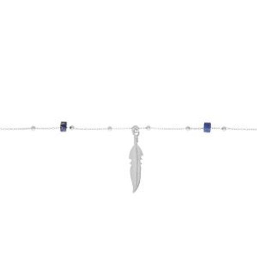 Chaîne Cheville Argent Rhodié Plume Rondelles Lapis Lazuli Véritable 22+3cm