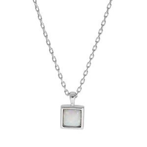 Collier Argent Rhodié Opale Blanche Imitation Pendentif Forme Carré 44,5cm