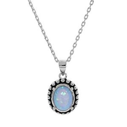 Collier Argent Rhodié Pendentif Opale Bleue Imitation Entourage Picot Patiné 44,5cm