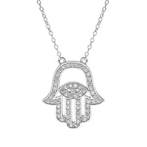 Collier Argent Rhodié Main De Fatma Oxydes Blancs 40,5+7cm