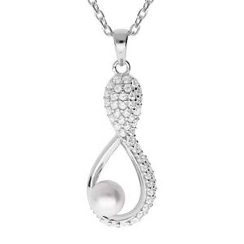 Collier Argent Rhodié Pendentif Perle De Culture D'eau Douce Blanche Mm Et Oxydes Blancs Sertis 42+3cm