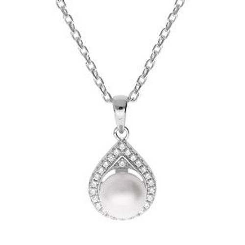 Collier Argent Rhodié Pendentif Perle De Culture D'eau Douce Blanche 8mm Et Contour Oxydes Blancs Sertis 42+3cm