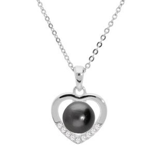 Collier Argent Rhodié Pendentif Coeur Perle De Culture De Tahiti Véritable 7mm Et Oxydes Blancs Sertis 42+3cm