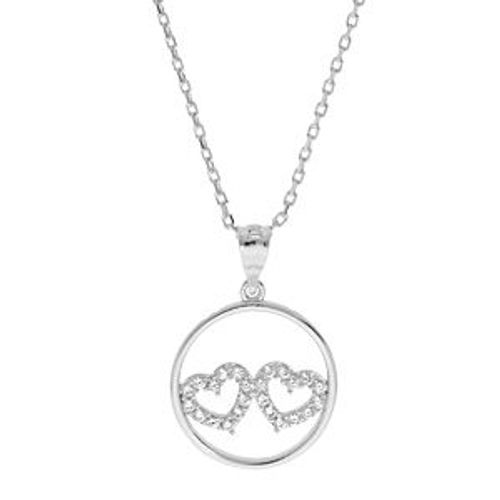 Collier Argent Rhodié Pendentif Cercle Double Coeur Oxydes Blancs 40+5cm