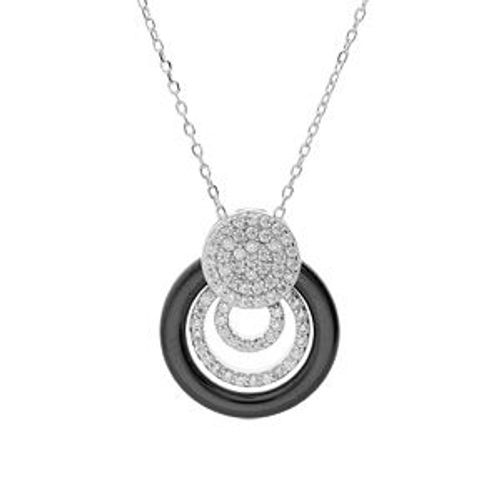 Collier Argent Rhodié Massif Anneau Céramique Noire Et Pastilles Oxydes Blancs Sertis 40+5cm