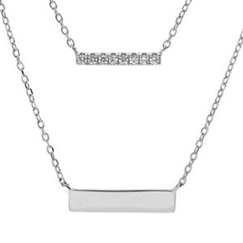 Collier Argent Rhodié Double Chaîne 2 Motifs Rectangulaire 1 Avec Oxydes Blancs Sertis Et 1 Lisse 40+5cm