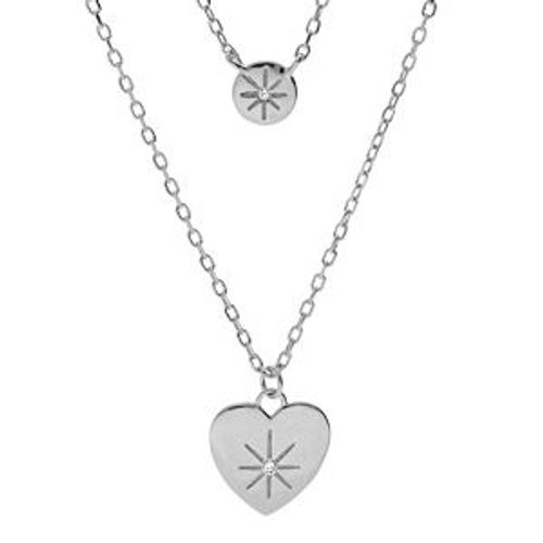 Collier Argent Rhodié Double Chaîne Pendentif Pastille Et Coeur Motif Étoile Du Berger 40+5cm