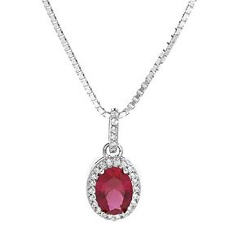 Collier Argent Rhodié Pendentif Pierre Centrale Rouge Et Contour Oxydes Blancs Sertis 42+3cm