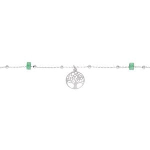 Chaîne Cheville Argent Rhodié Arbre De Vie Rondelles Jade Vert Véritable 22+3cm