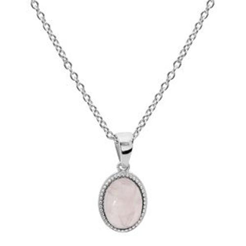 Collier Argent Rhhodie Pendentif Cabochon Contour Perlé Pierre Quartz Rose Véritable 42+3cm