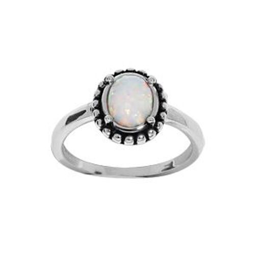 Bague Argent Rhodié Opale Blanche Imitation Entourage Picot Patiné
