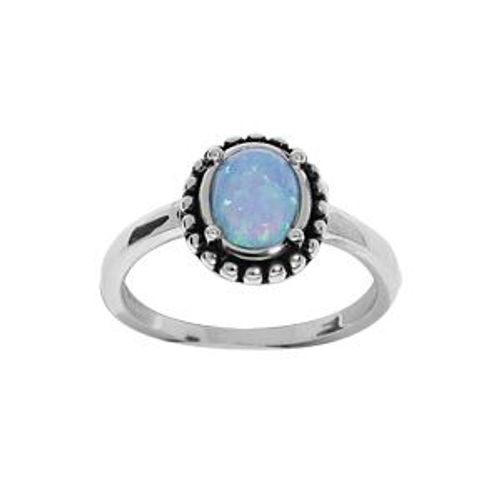Bague Argent Rhodié Opale Bleue Imitation Entourage Picot Patiné