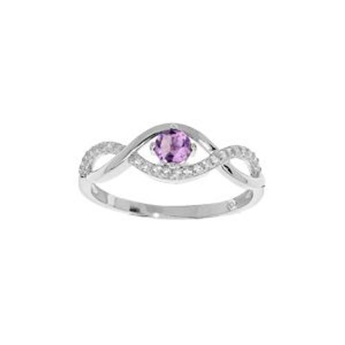 Bague Argent Rhodié Forme Infini Amethyste Véritable Et Oxydes Blancs Sertis