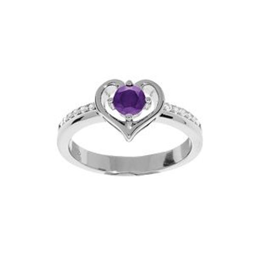 Bague Argent Rhodié Coeur Amethyste Veritable Et Oxydes Blancs Sertis