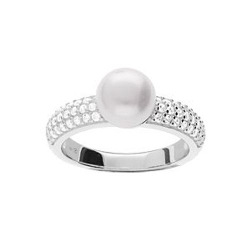 Bague Argent Rhodié Solitaire Perle De Culture D'eau Douce Et Oxydes Blancs Sertis