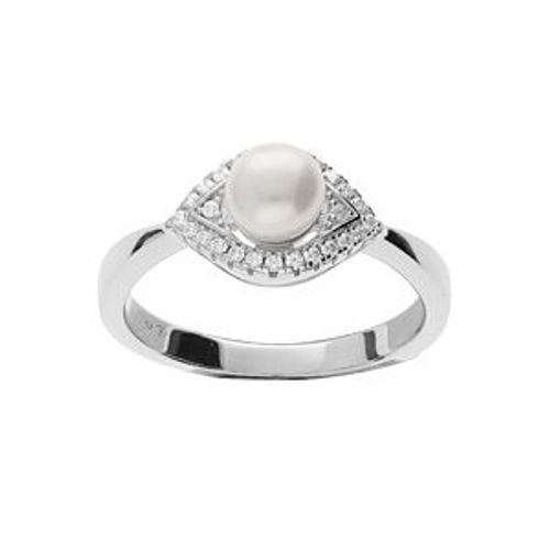 Bague Argent Rhodié Perle De Culture D'eau Douce Blanche 6mm Et Oxydes Blancs Sertis