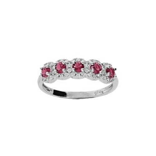 Bague Argent Rhodié 5 Pierres Rouges Et Contour Oxydes Blancs Sertis
