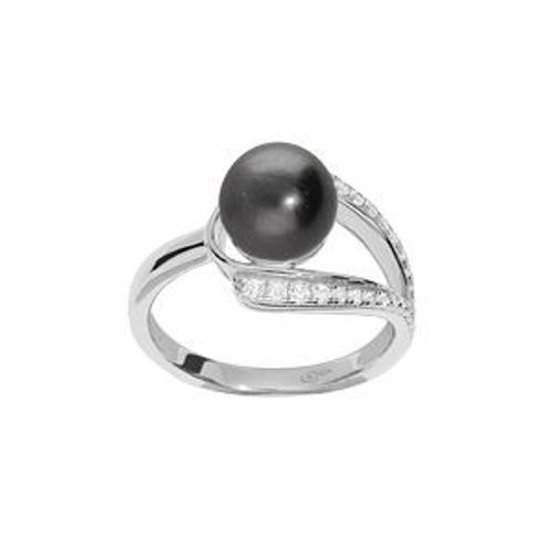 Bague Argent Rhodié Perle De Culture De Tahiti Véritable Et Oxydes Blancs Sertis