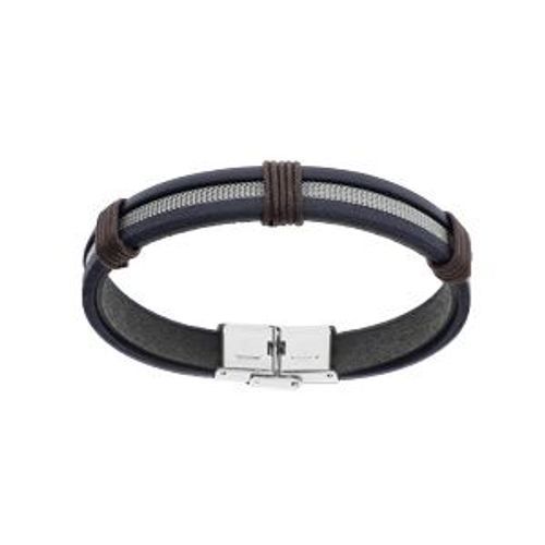 Bracelet Acier Et Cuir Bovin Bleu Et Marron 20cm