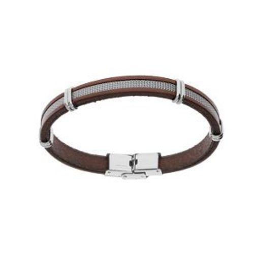 Bracelet Acier Et Cuir Bovin Marron 20cm