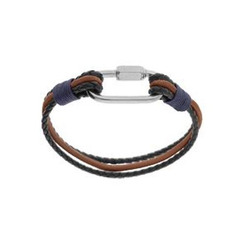 Bracelet Acier Et Cuir Bovin 2 Tresses Noires Et Un Cordon Marron Mousqueton Vissé 20cm