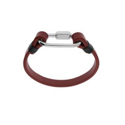 Bracelet Acier Et Cuir Bovin Rouge Avec Mousqueton Vissé 20cm