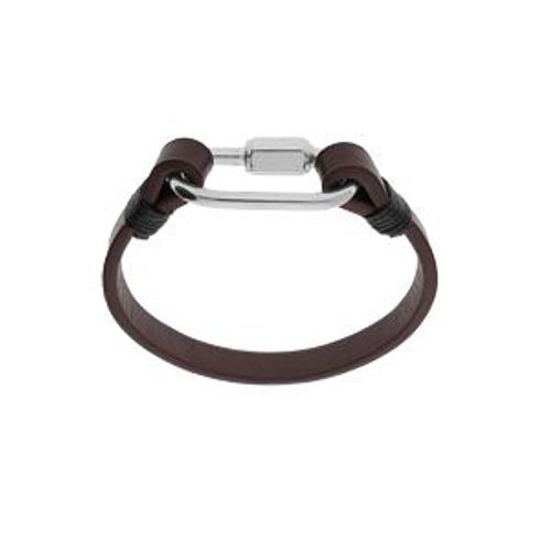 Bracelet Acier Et Cuir Bovin Marron Avec Mousqueton Vissé 20cm
