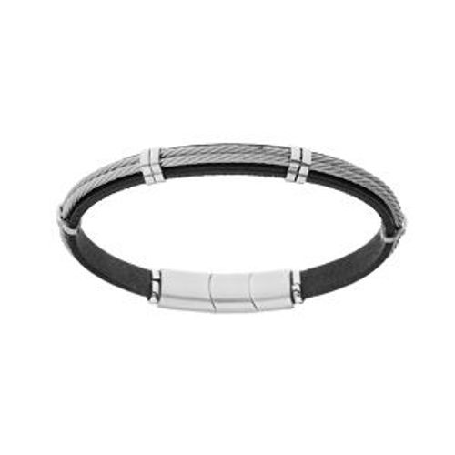 Bracelet Acier Et Cuir Bovin Noir Double Câble Gris 20cm + 1cm Double Fermoir Aimanté