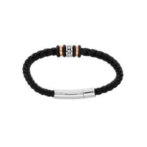 Bracelet Acier Et Cuir Bovin Tresse Noir Avec Oxydes Blancs Sertis 20cm