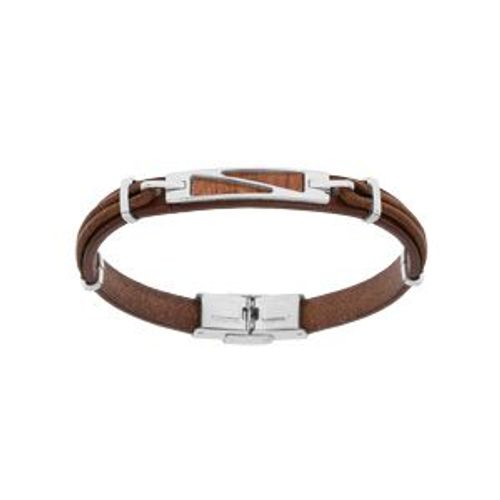 Bracelet Acier Et Cuir Bovin Marron Avec Aspect Bois 20cm Réglable
