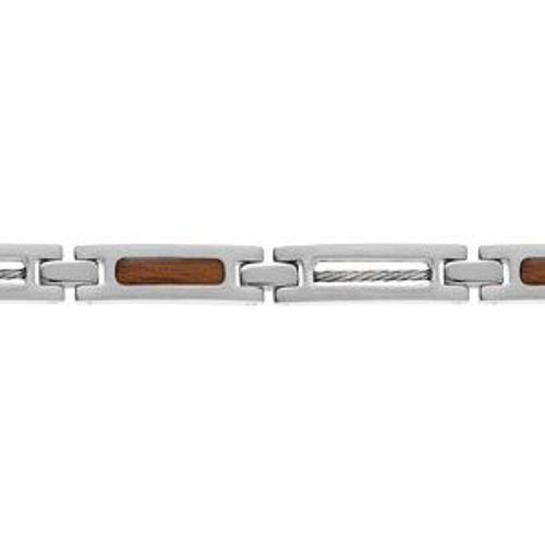 Bracelet Acier Câble Gris Et Aspect Bois 19+1,5cm Réglable Double Fermoir