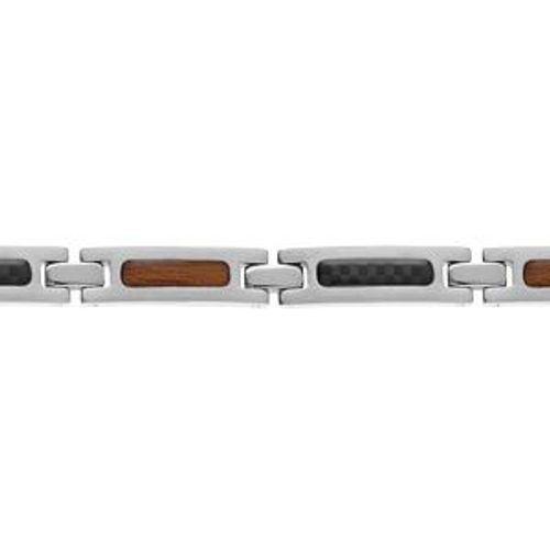Bracelet Acier Et Carbone Et Aspect Bois 19cm + 1,5cm Réglable Double Fermoir