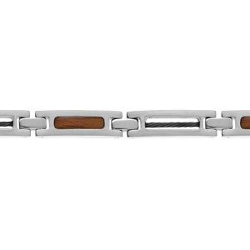 Bracelet Acier Câble Noir Et Aspect Bois 19,5+1,5cm Réglable Double Fermoir