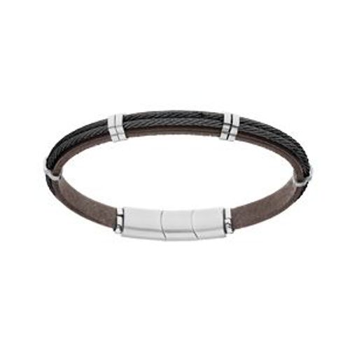 Bracelet Acier Et Cuir Marron Double Câble Noir 20cm + 1cm Double Fermoir Aimanté