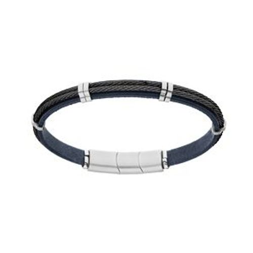 Bracelet Acier Et Cuir Pvd Bleu Double Câble Noir 20cm + 1cm Double Fermoir Aimanté