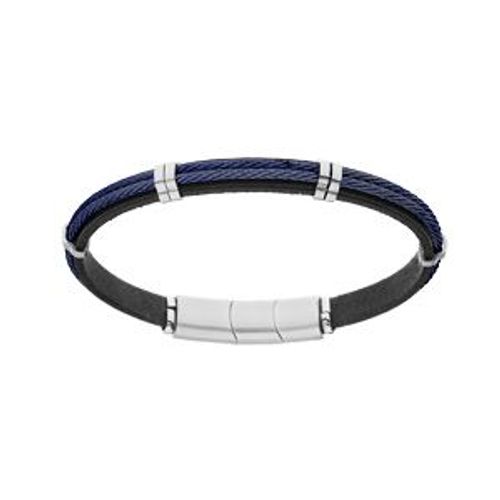 Bracelet Acier Et Cuir Bovin Noir Double Câble Pvd Bleu 20cm + 1cm Double Fermoir Aimanté
