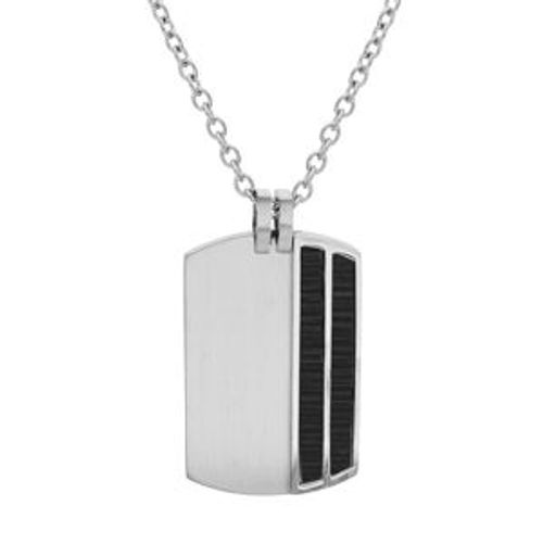Collier Acier Pendentif Rectangulaire 2 Bandes Aspect Bois Noir 50+5cm