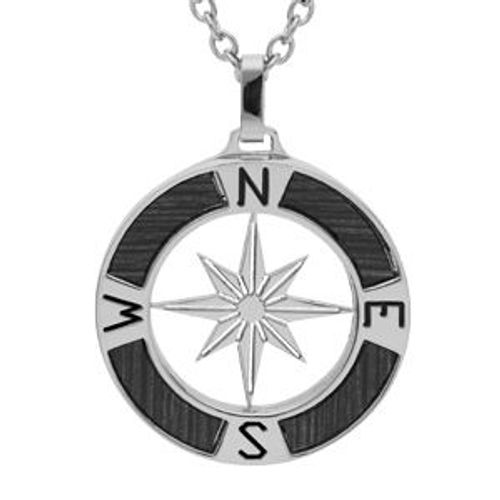 Collier Acier Pendentif Rose Des Vents Avec Aspect Bois Noir 50+5cm
