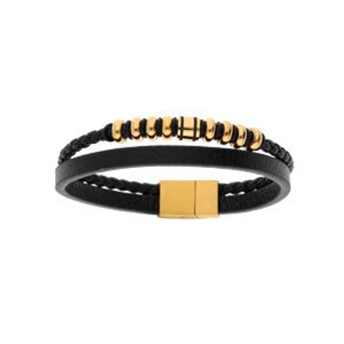 Bracelet Acier Et Cuir 2 Rangs Tresse Noire Et Pvd Jaune 20cm +1cm Double Fermoir