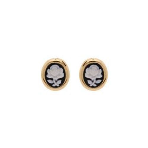 Boucles D'oreilles Tige Plaqué Or Style Camée Motif Fleur Résine Noire